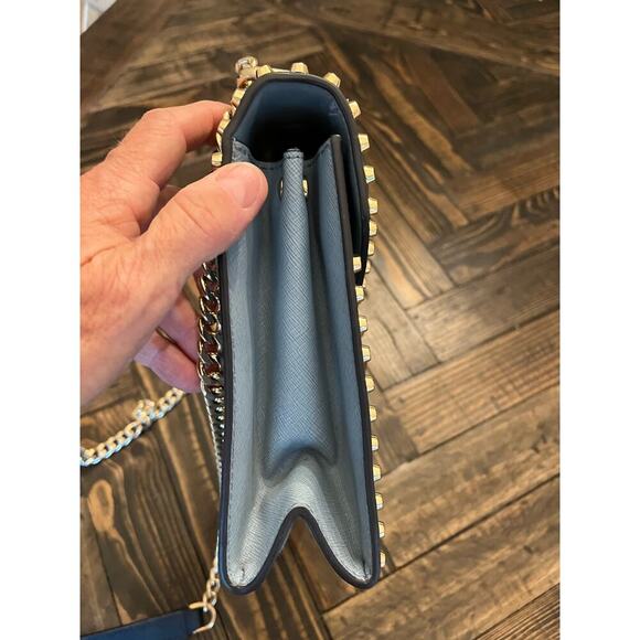 Michael Kors Whitney Blue Leather Two Tone Crossbody Purse Leather Gold Chain - Picture 8 of 15